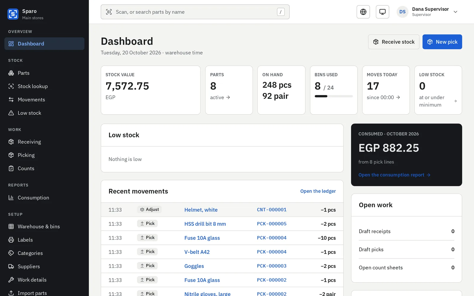 Sparo’s dashboard: stock value, today’s moves, low stock and open work